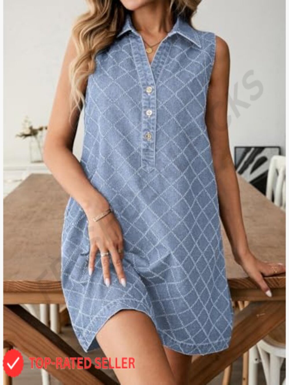 Denim Mini Dress Sleeveless V Neck Button Front Casual Shift with Pockets - Picture 2 of 7